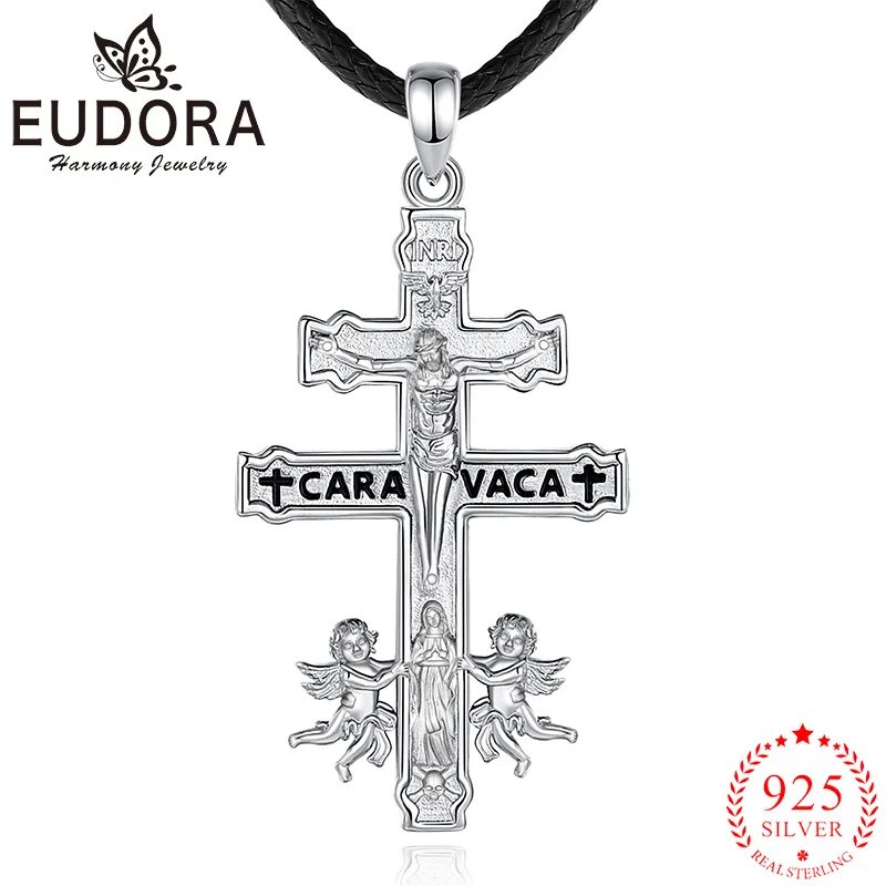 Eudora 925 Sterling Silver Caravaca Cross Necklace Jesus Virgin Mary Angel Pendant Christian Amulet Jewelry Gift for Men Women