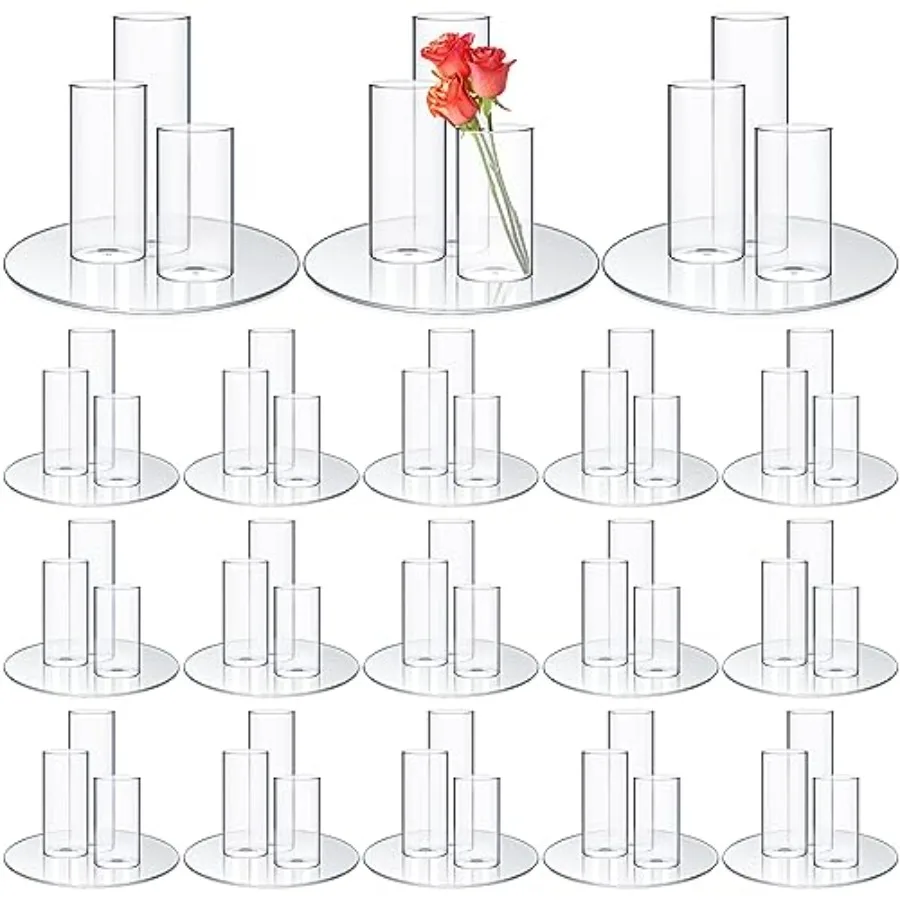 Wedding table centerpiece decoration set: 18 pcs 10-inch round glass mirror trays + 54 pcs assorted-height glass cylinder vases