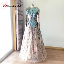 Elegant Muslim Sequin Evening Night Dresses for Women 2023 O Neck Long Sleeves A-Line Sparkle Formal Prom Wedding Party Gowns