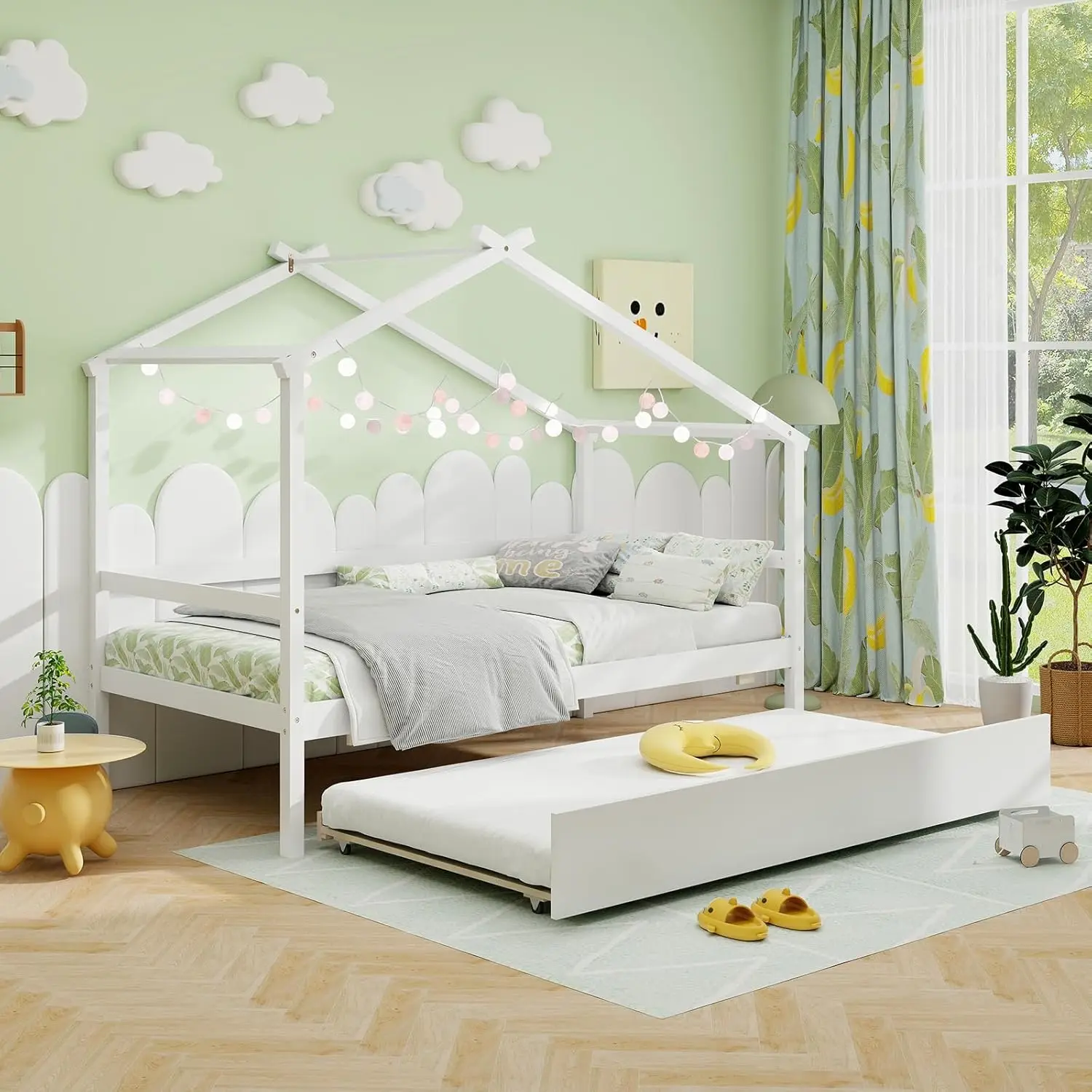 Giantex tempat tidur rumah kayu untuk anak-anak, bingkai ganda dengan tempat tidur Trundle Twin, bingkai anak-anak dengan Headboard dan Footboard, ukuran kembar