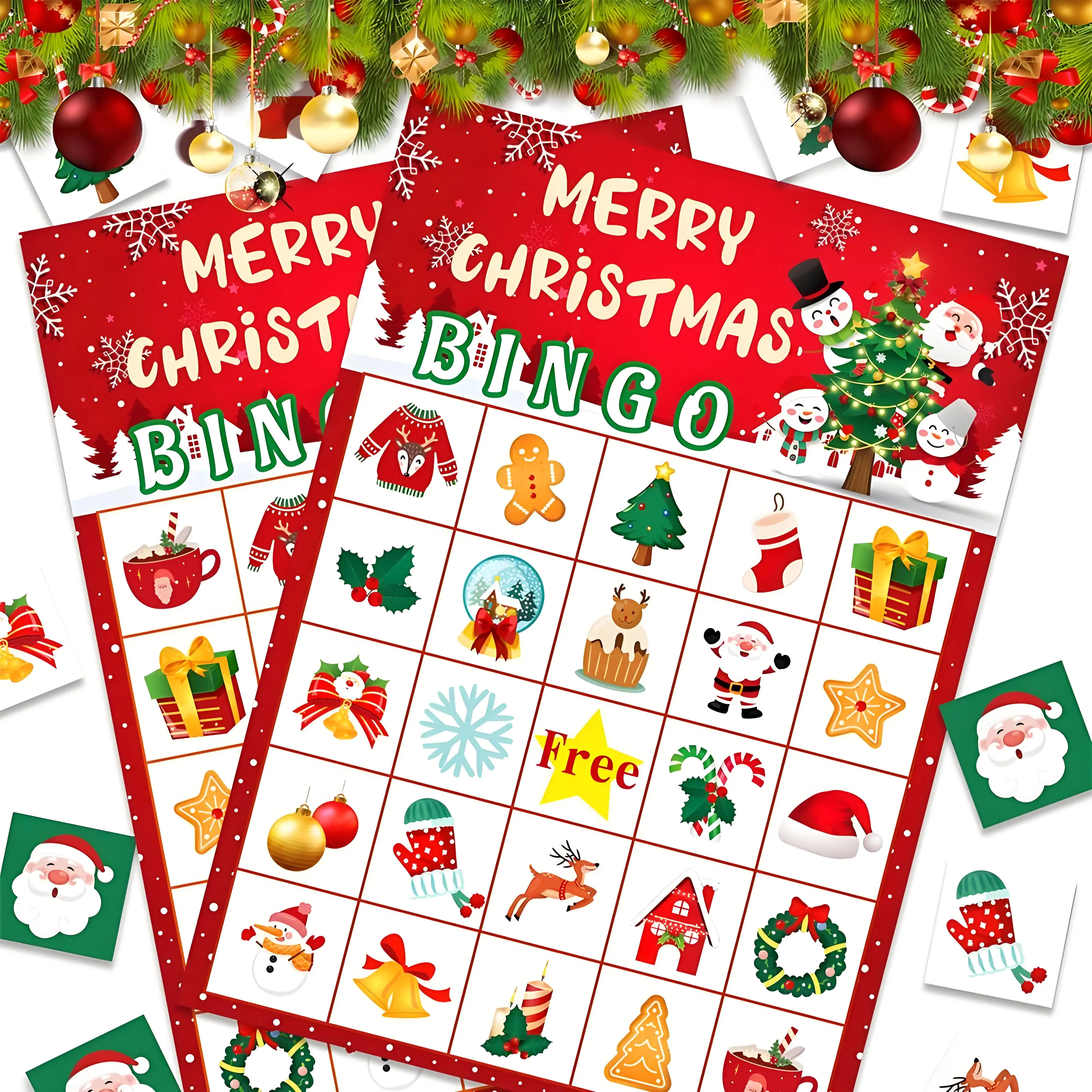 

Festive Christmas Bingo Game Cards, 24-Piece Holiday Party Set with Reusable Boards - Family Fun for Xmas & New Year Celebration