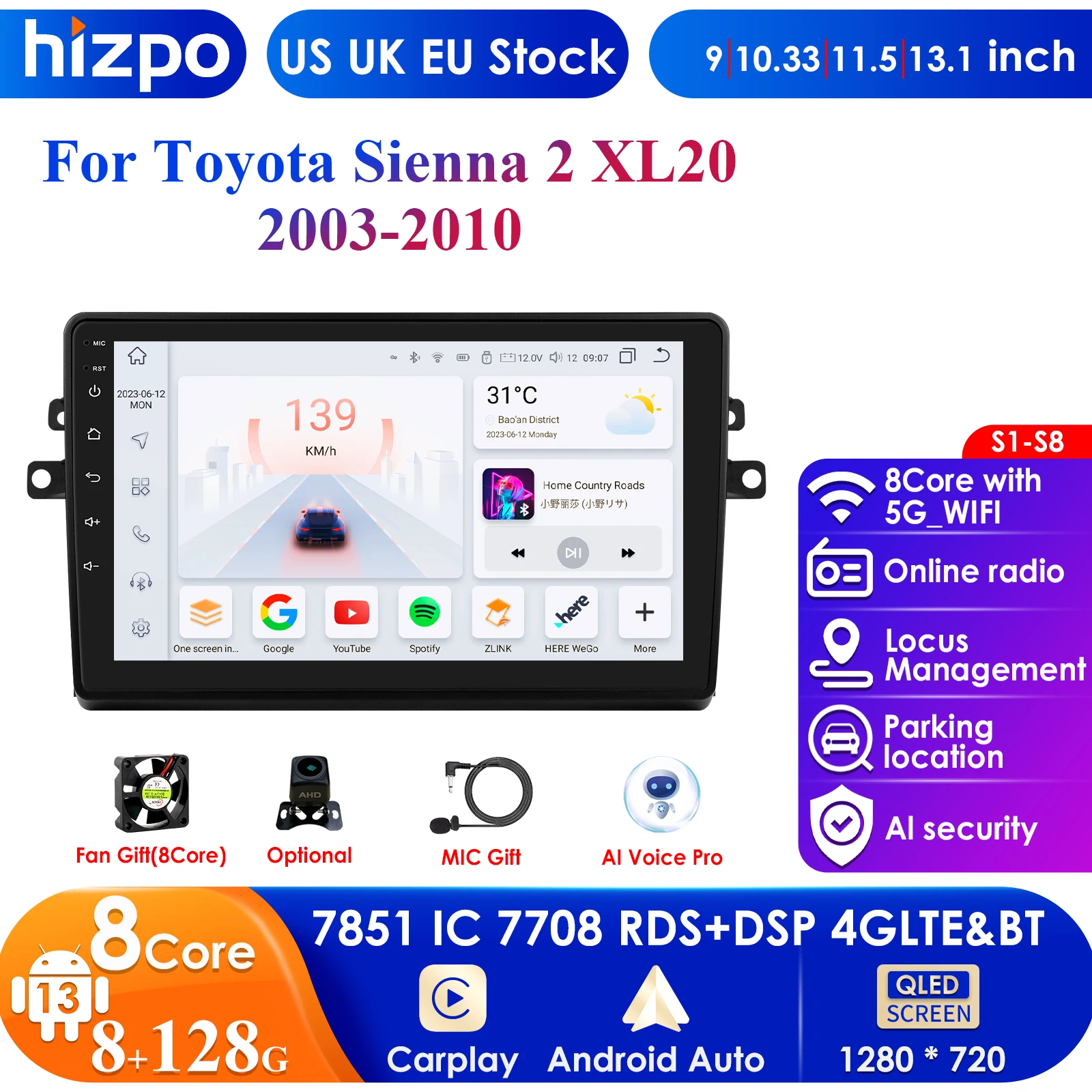 

Hizpo 4G 9''AI Intelligent System Wireless CarPlay Android 13 Car Radio Multimedia Player for Toyota Sienna 2 XL20 2003-2010 GPS