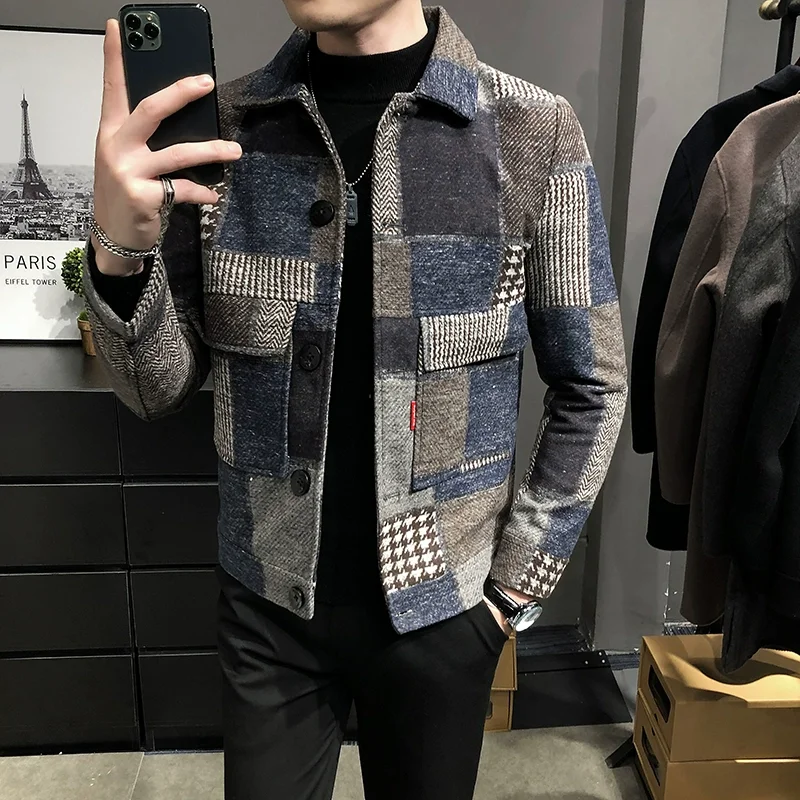 2024 Autumn Winter New Woolen Plaid Coat Jackes Men Business Casual Slim Fit Jackets Streetwear British Style Party Blazers