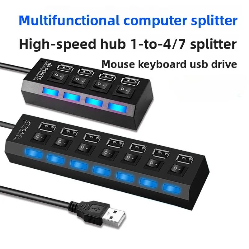 Alta velocidade 4/7 portas usb hub 2.0 adaptador expansor multi divisor usb extensor múltiplo com interruptor de lâmpada led para computador portátil