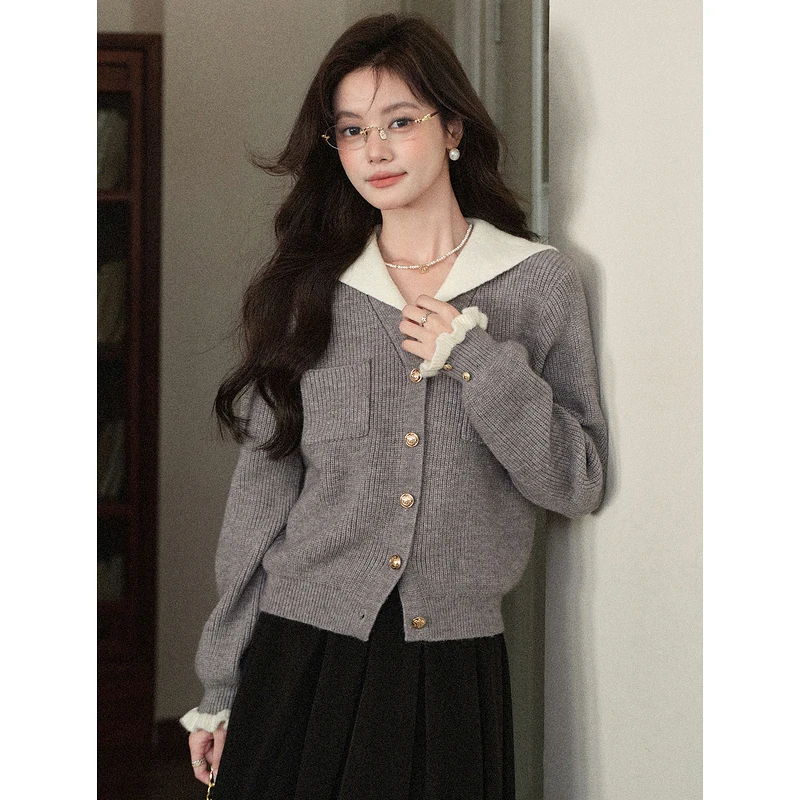 

ALXNAN серый кардиган из двух частей с металлическими пуговицами, деревянные манжеты для ушей, свитер, женский карманный декор, топ, женский QJD00608