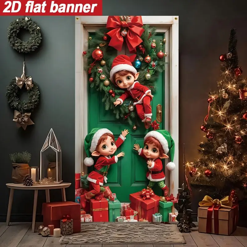 VIKAMA Christmas Elf Print Door Curtain, Green Door Wreath & Bell Short Curtain, Entrance Hanging Divider for Porch Home Decor