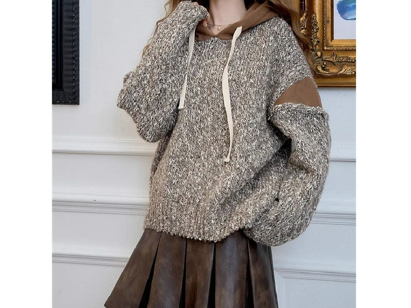 

2025 Vintage Contrasting Color Spliced Hooded Sweater for Women's Autumn and Winter New Versatile Loose Casual Top