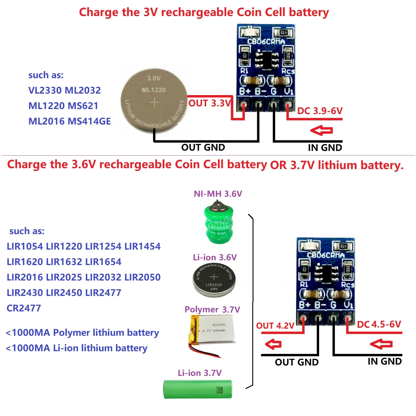 3XCB06CRMA For VL2330 ML2032 1220 LIR2016 DC3V 3.6V NI-MH Ni-CD Li-ion Polymer Coin Cell Rechargeable Lithium Battery Charger