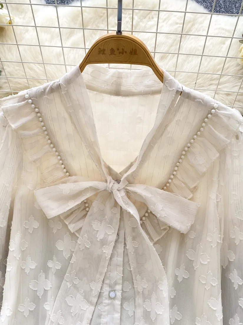 Foamlina French Romantic Chiffon Shirt for Women Elegant Bow-tied V Neck Long Sleeve Beading Buttons Ruffles Loose Blouse Tops
