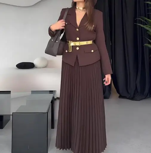 2025년 봄 신상 여성용 우아한 투피스 세트, 솔리드 컬러의 고급스러운 라펠 수트와 플리츠 스커트 세트