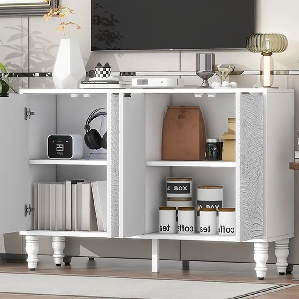 وحدة تحكم الوسائط الحديثة بحامل تلفزيون مع أبواب بنمط أوراق الشجر 47.2 بوصة مركز ترفيه 2 خزائن تخزين أرجل خشبية صلبة لغرفة المعيشة