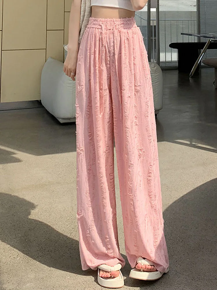 Rhinestone Design Baggy Straight Pants Women Casual Elastic High Waist Wide Leg Pantalones Korean Fashion Loose Calcas Feminina