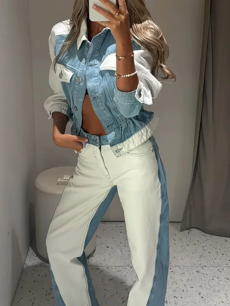 Women Color Blocked Denim Pants Set Fashion Single Breasted Jacket Casual Two-piece Sets Lady New Daily Commuting Street Outfit