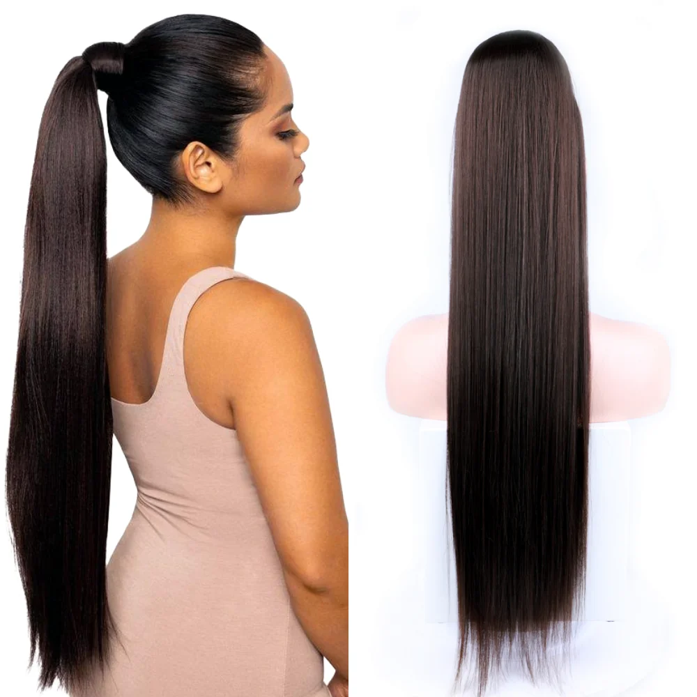 Coletas largas y rectas para mujer, extensiones de cabello con Clip, fibra sintética con cordón, 30 pulgadas