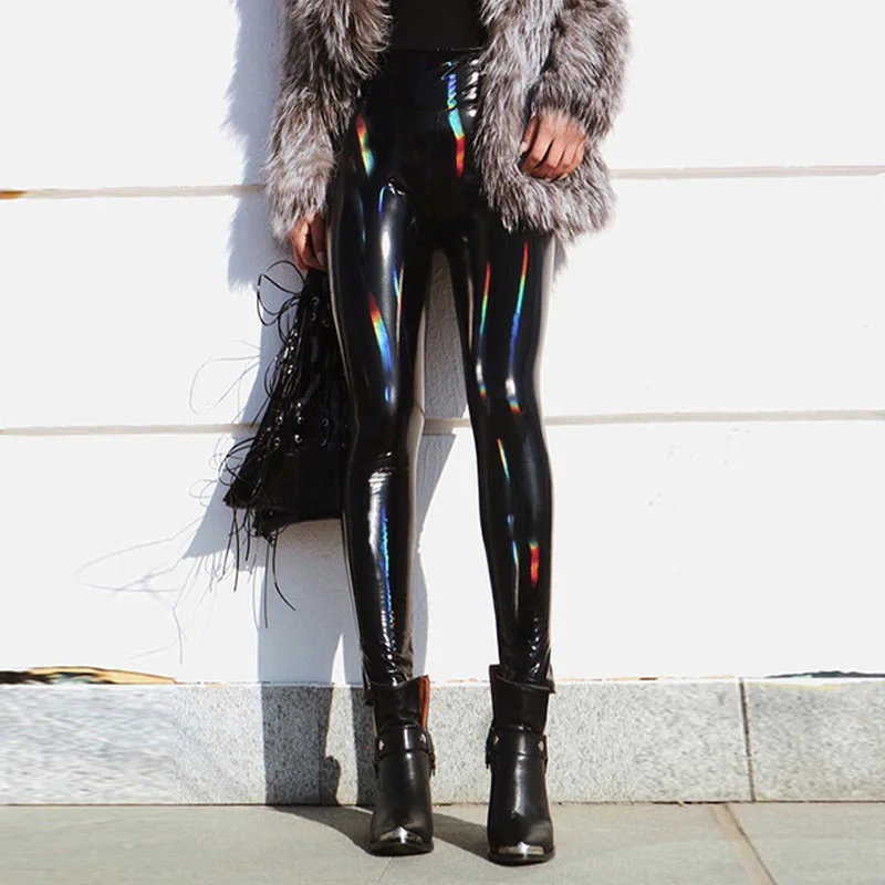 Sexy Ladies High Waist Leather Pants Nightclub Mirror Laser Bright Leather Tummy Control Long Pants Women's Faion Bot