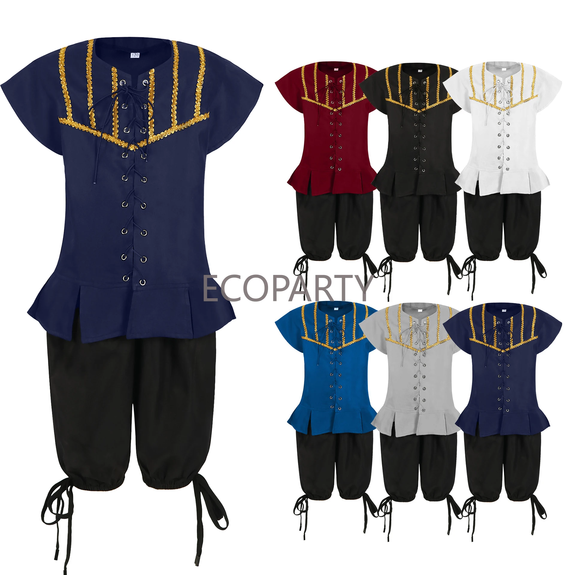 Piraten Kostuum Voor Kind Halloween Cosplay Uniform Renaissance Steampunk Korte Mouw Kanten Broek Outfits Halloween Kleding