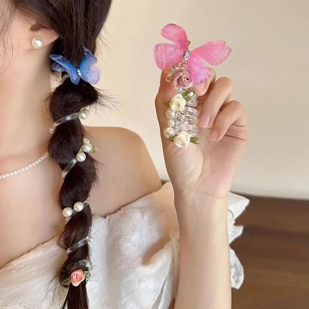 Fleur spirale cheveux cravates doux élastique aucun dommage torsadé fil de cheveux perle tressé téléphone élastique spirale cheveux cravates pour les femmes