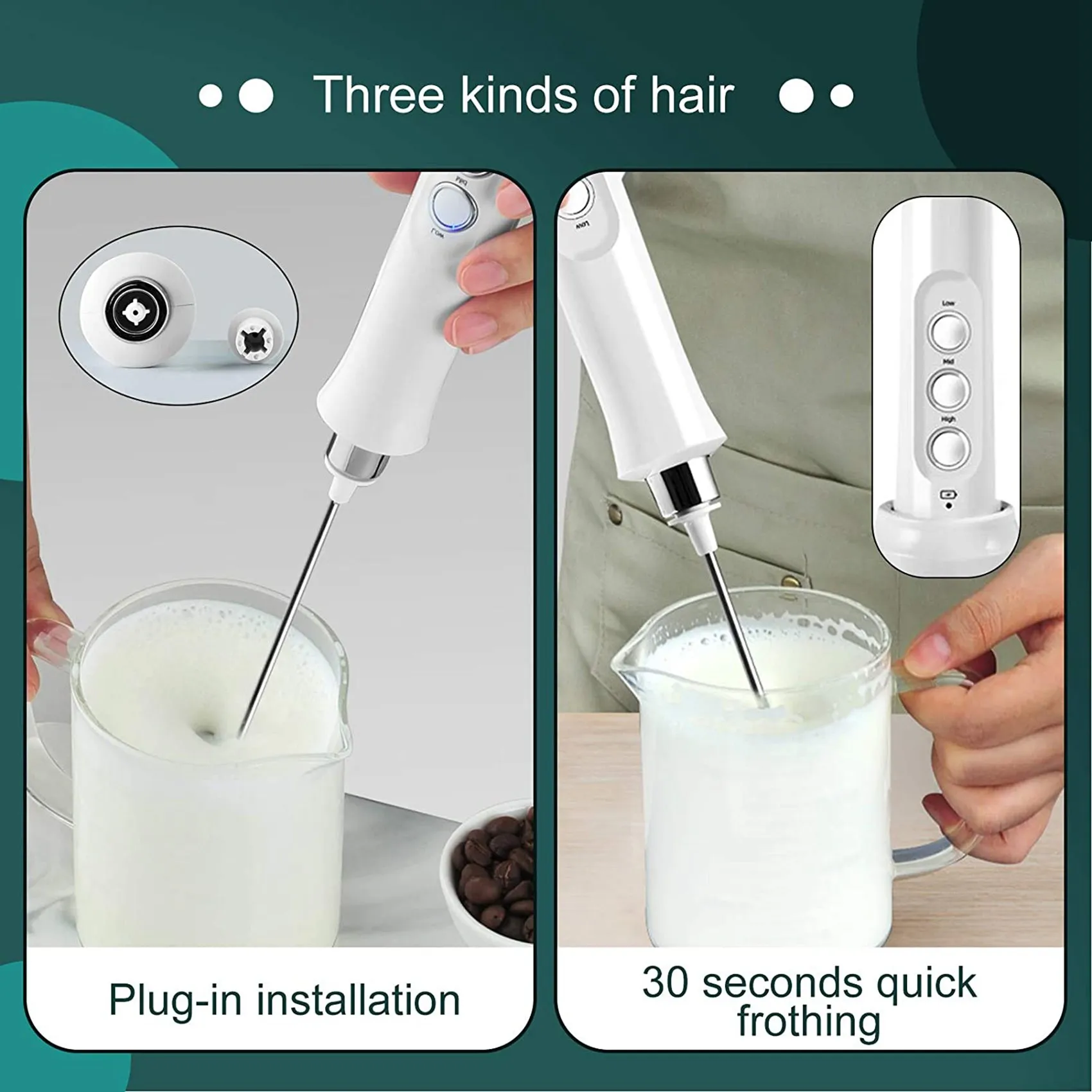 USB Electric Milk Frother 3 Speeds Cappuccino Coffee Foamer 3 Whisk Handheld Egg Beater Hot Chocolate Latte Drink