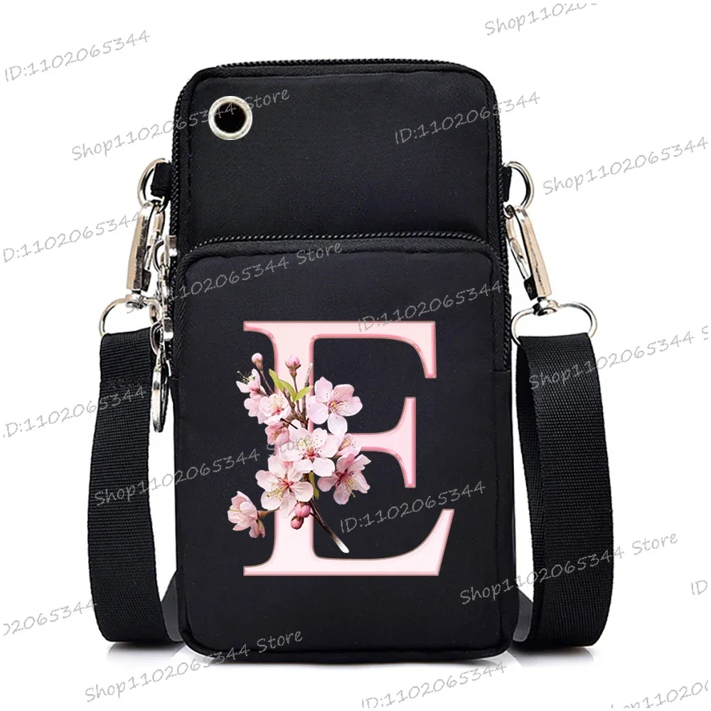 Pink Sakura Printing 26 Floral Alphabet A-Z Messenger Bag Hanging Neck Coin Purse Vertical Handbag Fashion Small Crossbody Bag