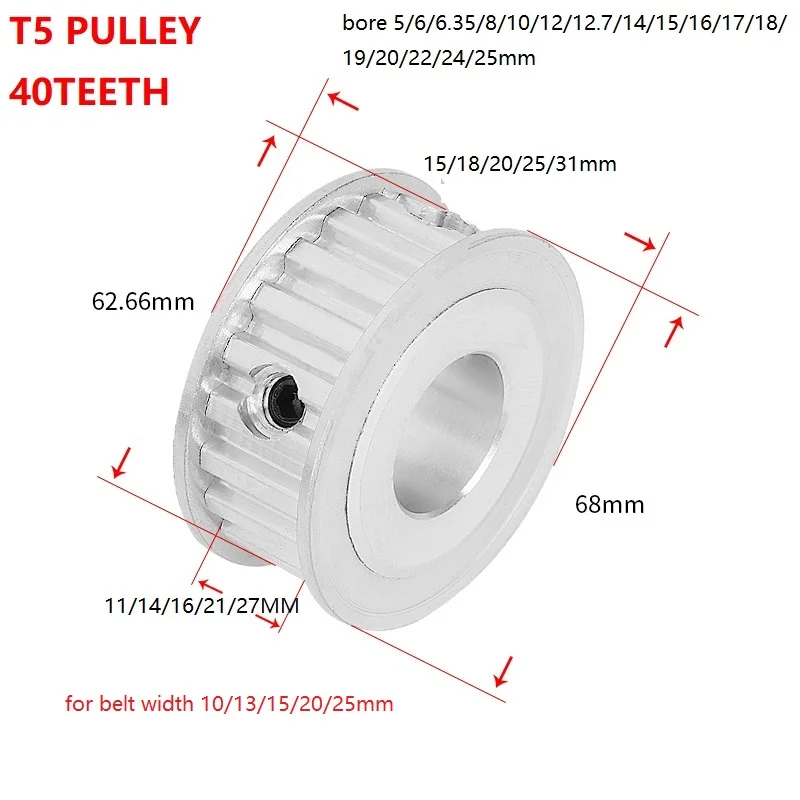 

T5 40Teeth Belt Pulley Synchronous Wheel Timing Belt Width 6/10mm/15mm/16mm/20mm/25m Bore Transmission Belt Pulley Machine Parts