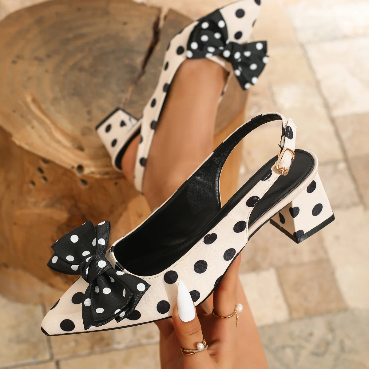 

Bloomsteps Women's Open-Back Sandals Summer 2025 New Pointed Toe Single Shoes Chunky Heel Bowknot Polka Dot High Heels