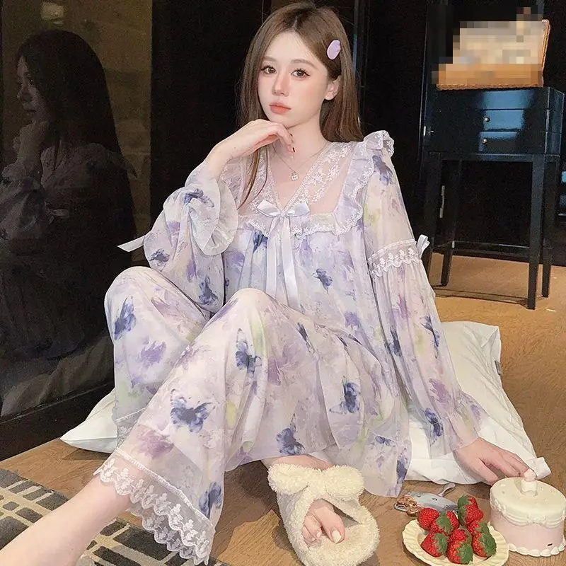 Springautumn Newwomen Simple Light Luxury Fashion Skin Friendly Comfort Mesh Splicing Pajamas Princess Style Home Furnishing Set
