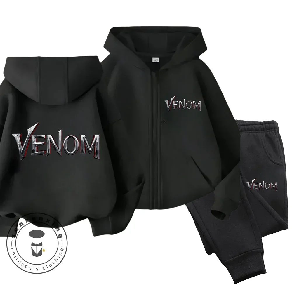 2025 Disney Venom Cartoon Children Hoodie + Pants 2pcs Zipprt Set Fashion Clothing Boys Girls Sweatshirt Kid Sportsuit