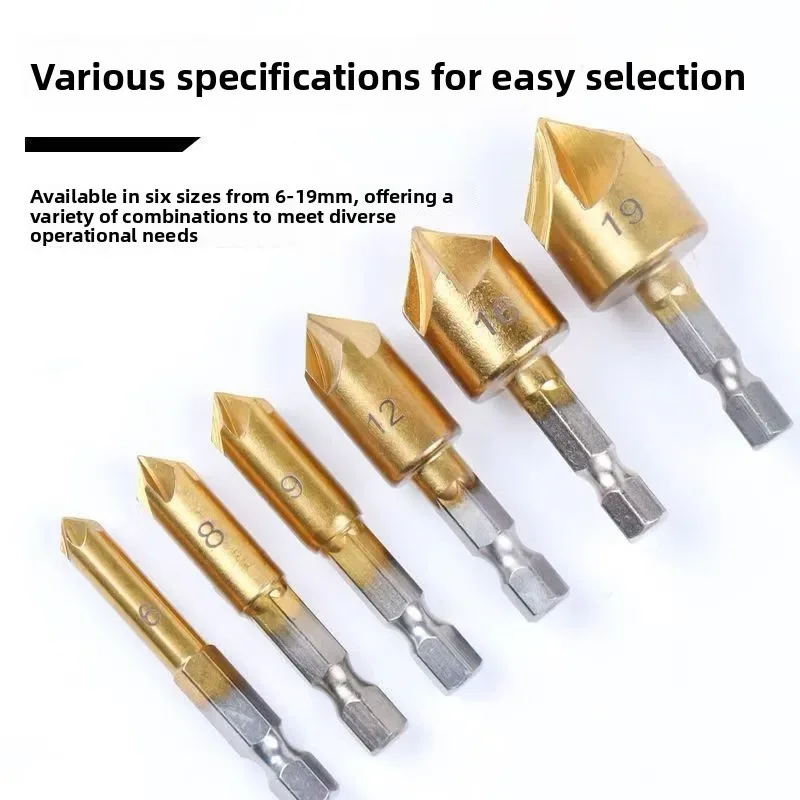 

6PCP lated Five Edge Chamfering Knife Countersunk Drill Hexagonal Handle Titanium 6-19mm Woodworking Spot Facer Tool Set