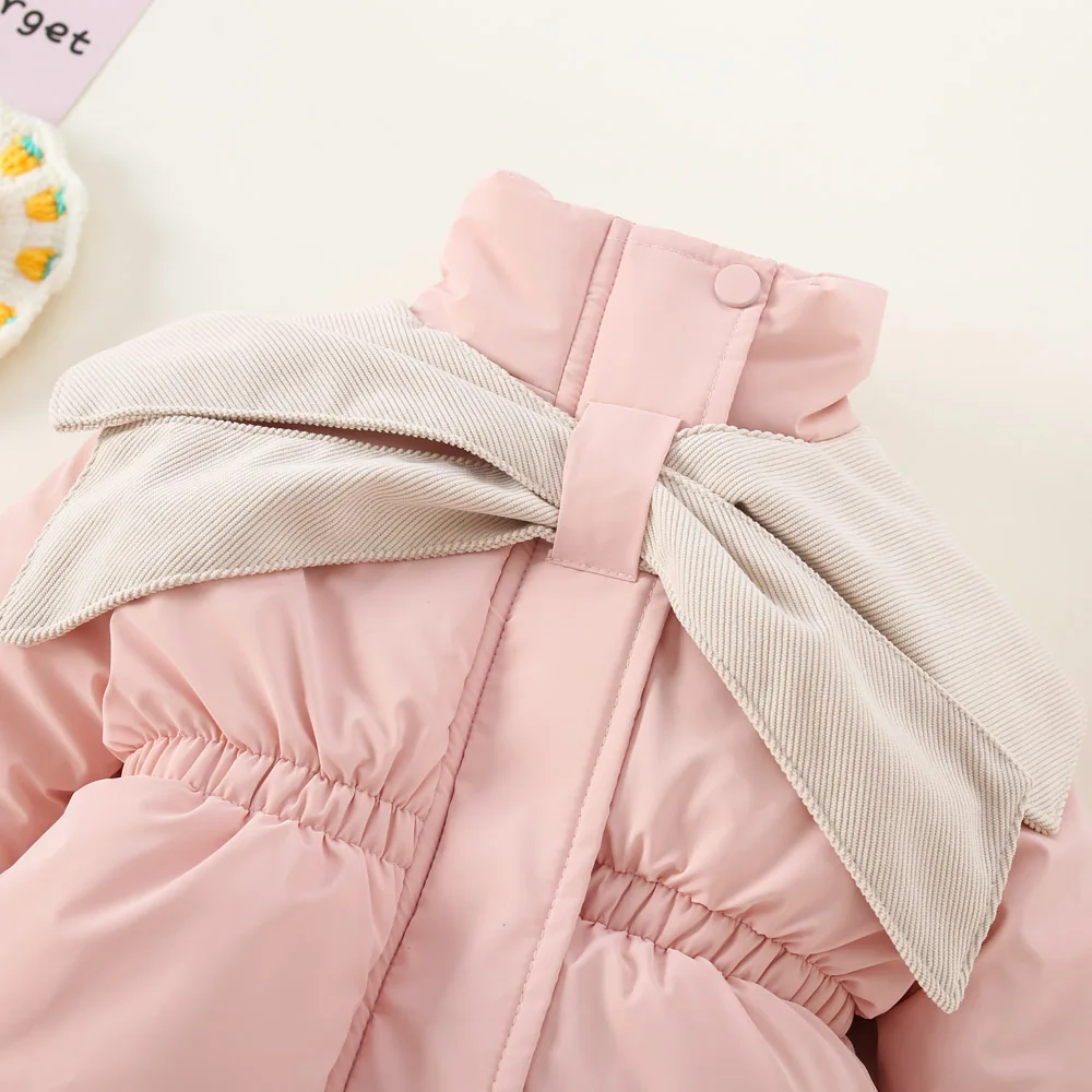 Winter Solid Color Hooded Cotton Jacket For Baby Girls, Casual And Warm Winter Children\'S Clothing