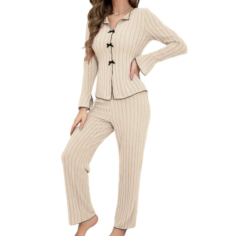 

Autumn Winter Women's Sleepwear Set Bowknot Home Clothes Warm Thicken Pyjamas Homewear Suit
