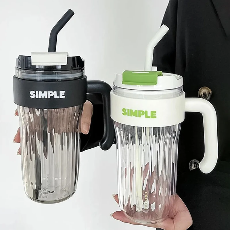 

920ml Striped Plastic Water Bottle With Straw Coffee Mug With Lid For Travel Milk Tea Water Cup With Handle Coffee Cups BPA Free