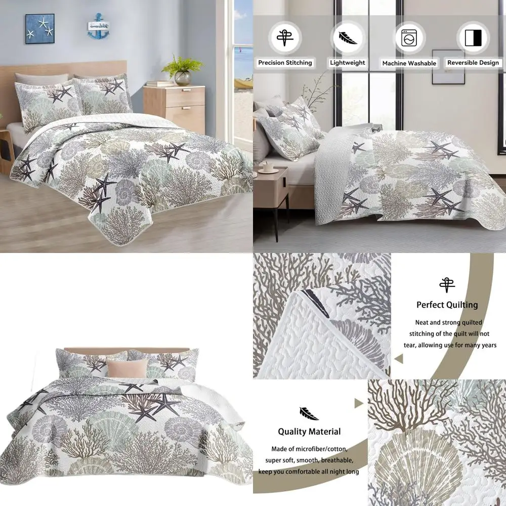 

Полный/королевский двусторонний комплект одеял из микрофибры из 3 предметов — мягкое и легкое морское пляжное постельное белье на лето, всесезонный комфорт, 90x