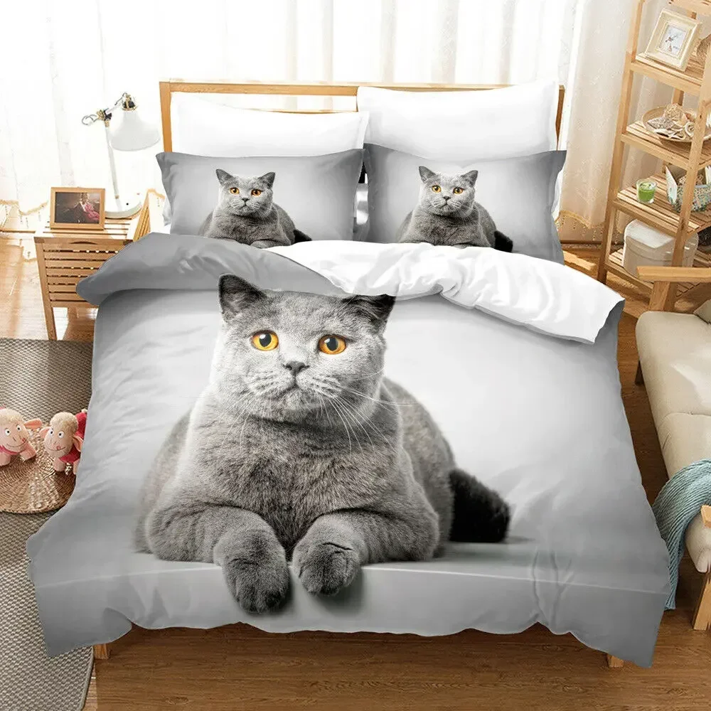 Cat Duvet Cover Set Girls Boys Cute Blue Cat 3D Print Bedding Set Bold Blue Animal Double Queen King Size Polyester Quilt Cover