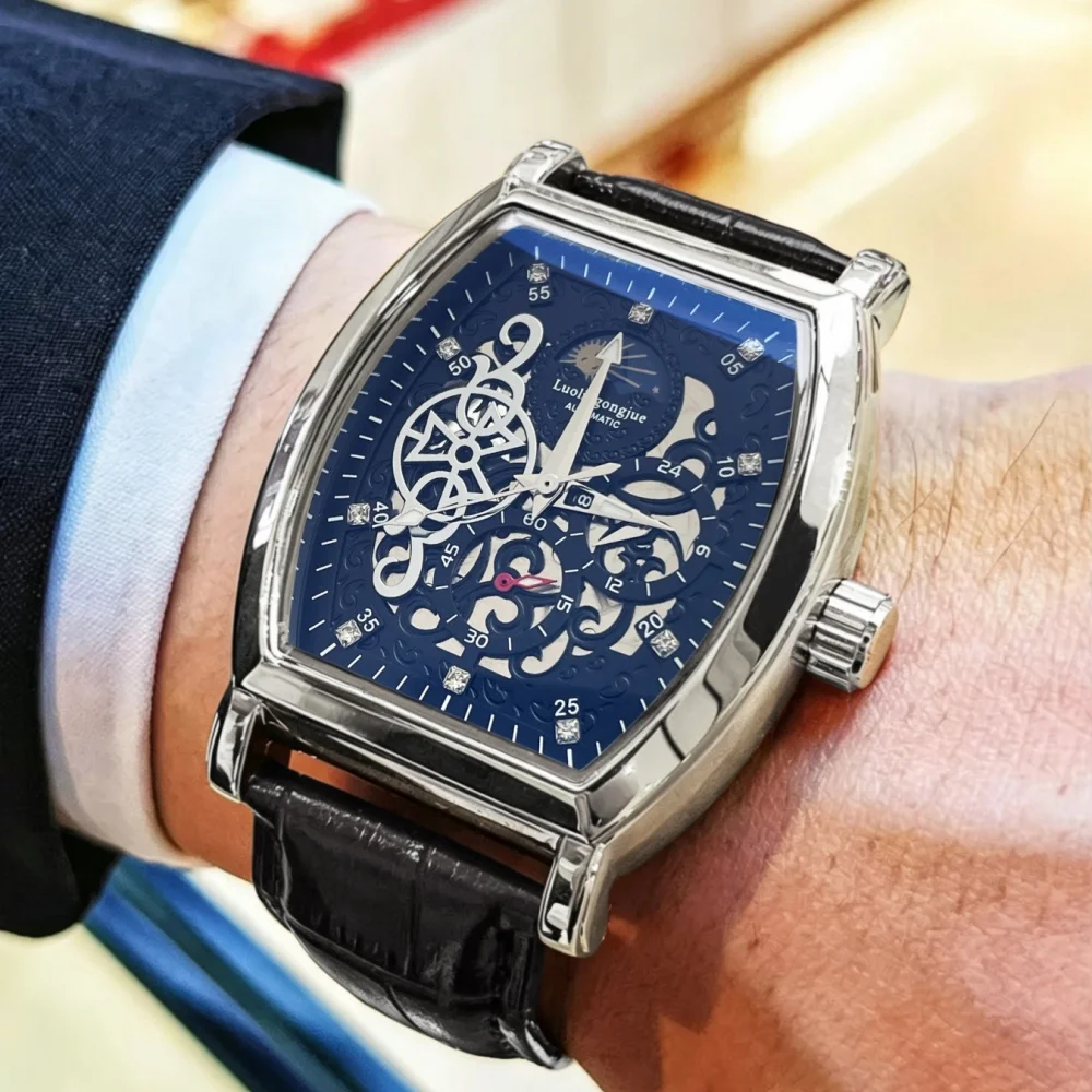 New Barrel-Shaped Men's Mechanical Watch, Fully Hollowed-Out Engraved Dial, Automatic Mechanical Movement with Transparent Back, Wear-Resistant Leather Strap, Waterproof, Light Luxury Men's Wristwatch, Versatile for Business, Banquets, and Commuting, Hot-Selling High-End Men's Gift Watch.
