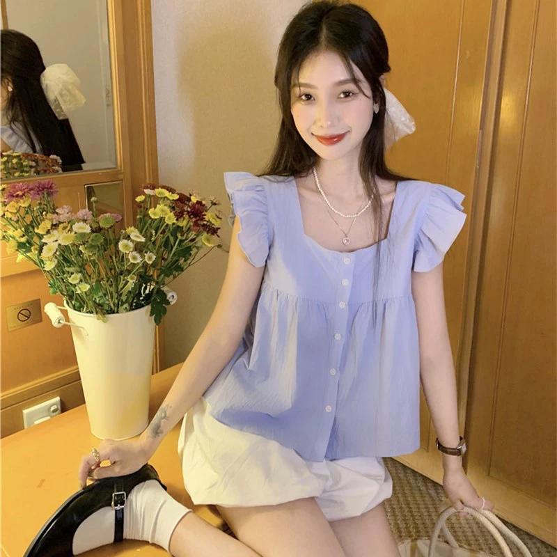 Short-sleeved Summer Clothes For Square Collar Short Flying Sleeves Floral Chiffon French Plaid Navel-baring Blouse