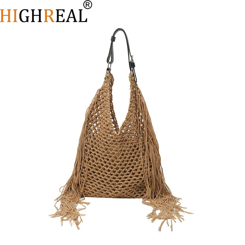 

Women Straw Bag Large Capacity Crochet Beach Handbag Weaving Travel Handbag Ladies Summer Designer Tassel Shoulder Tote Bag