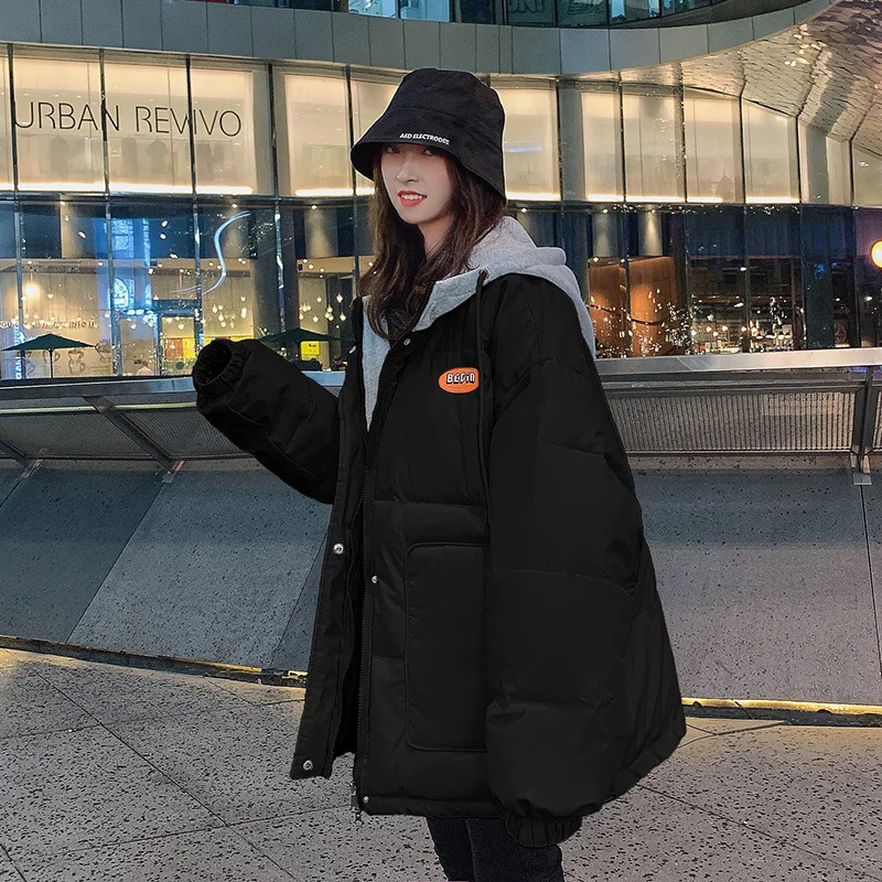 Women Thick Bread Jacket Short Down Cotton Parkas Overcoat Korean Style Loose Winter 2024 New Fake Two-piece Hooded Tops Coats