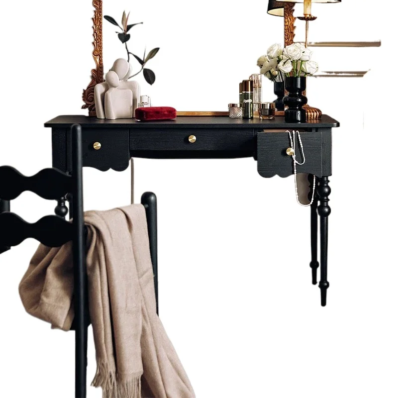 

French retro solid wood dresser, premium black light luxury, desk classical solid wood makeup table