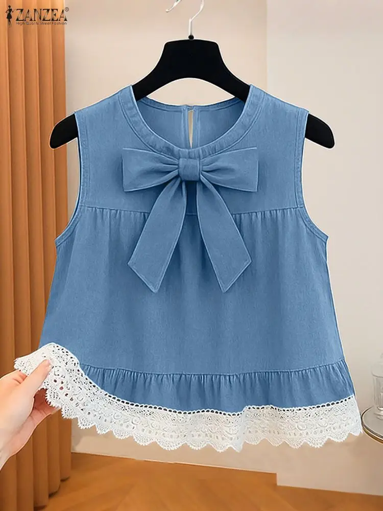 

ZANZEA, женские повседневные майки с кружевной отделкой и подолом, лето 2022, топы без рукавов с круглым вырезом и оборками по подолу, джинсовая женская одежда 3XL