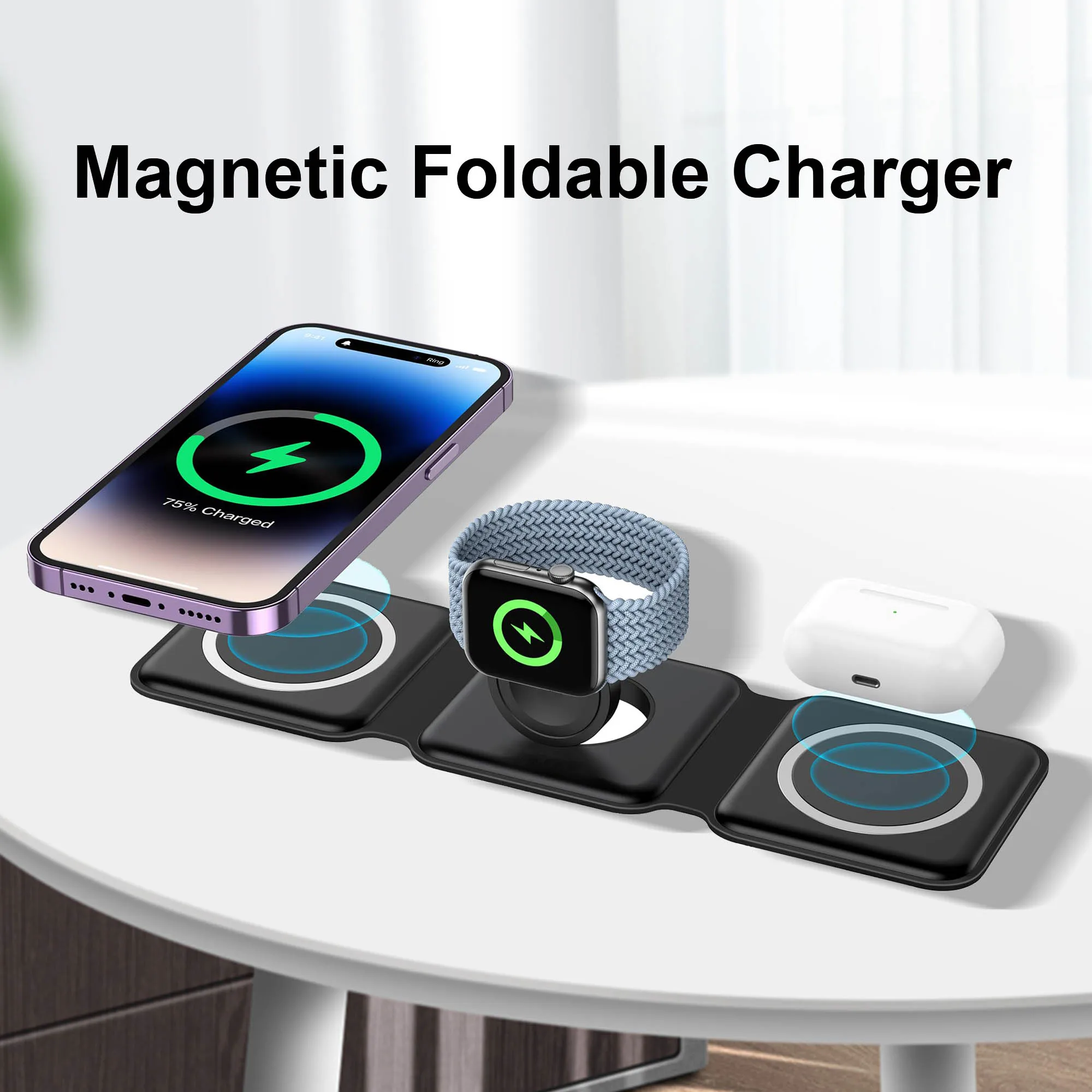 

Magnetic Wireless Charger For Multiple Apple Devices Travel Charging Pad Dock For iPhone 15 14 13 12 11 Apple Watch AirPods