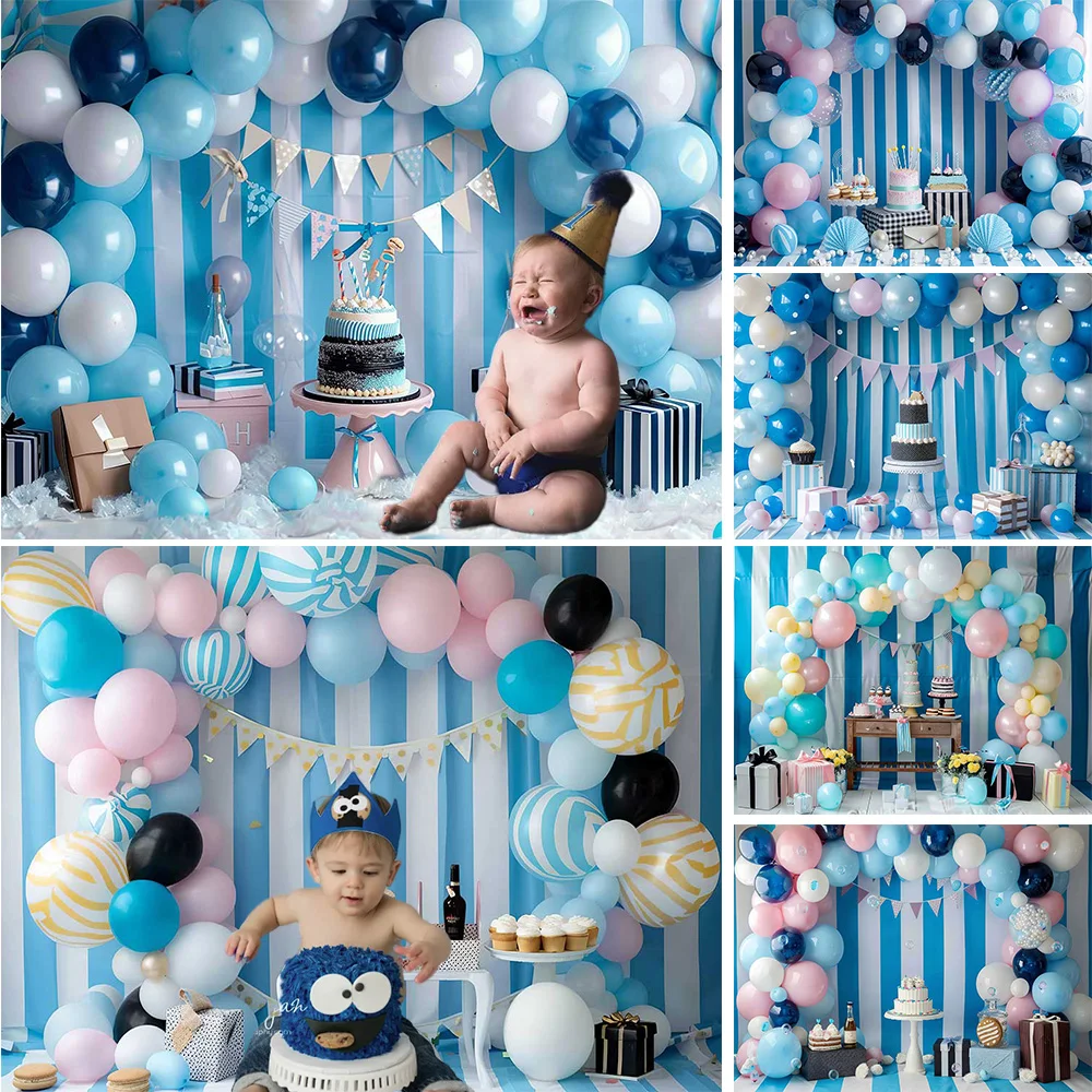 

Boy Baby Show Photography Background Studio Blue White Striped Balloon Wall Backdrop Newborn 1st Birthday Cake Smash Photozone