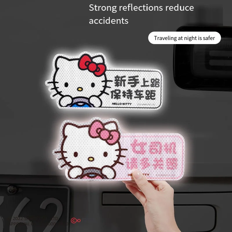 

Sanrio Hello Kitty Kawaii Anime Magnetic Attraction Reflective Newbie On The Road Car Decoration Sticker Car Stickers Cover Cute