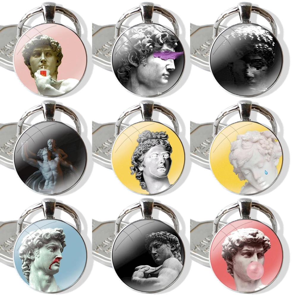 Vintage David Statue Keychain Handmade Glass Cabochon Key Ring Holder Pendant Key Chains