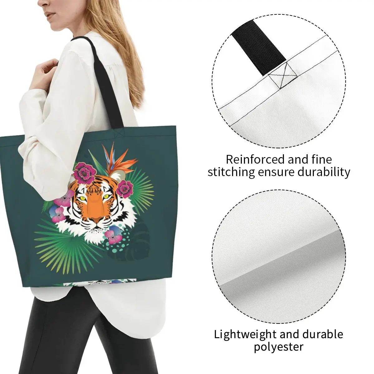Leopard Tiger Cartoon Shopping Tote Bag Canvas Large Capacity Shoulder Bags Shopper Grocery Handbag for Women