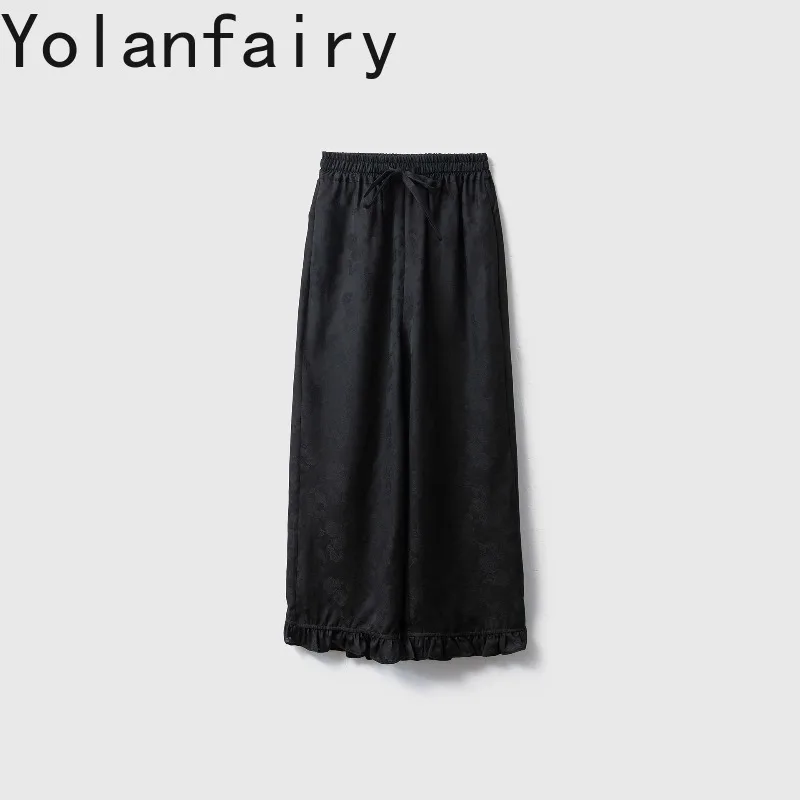 YOLANFAIRY Women Pants High Waist Straight Leg Trousers 100% Mulberry Silk Jacquard Ruffled Trim Casual Black Pants pantalones