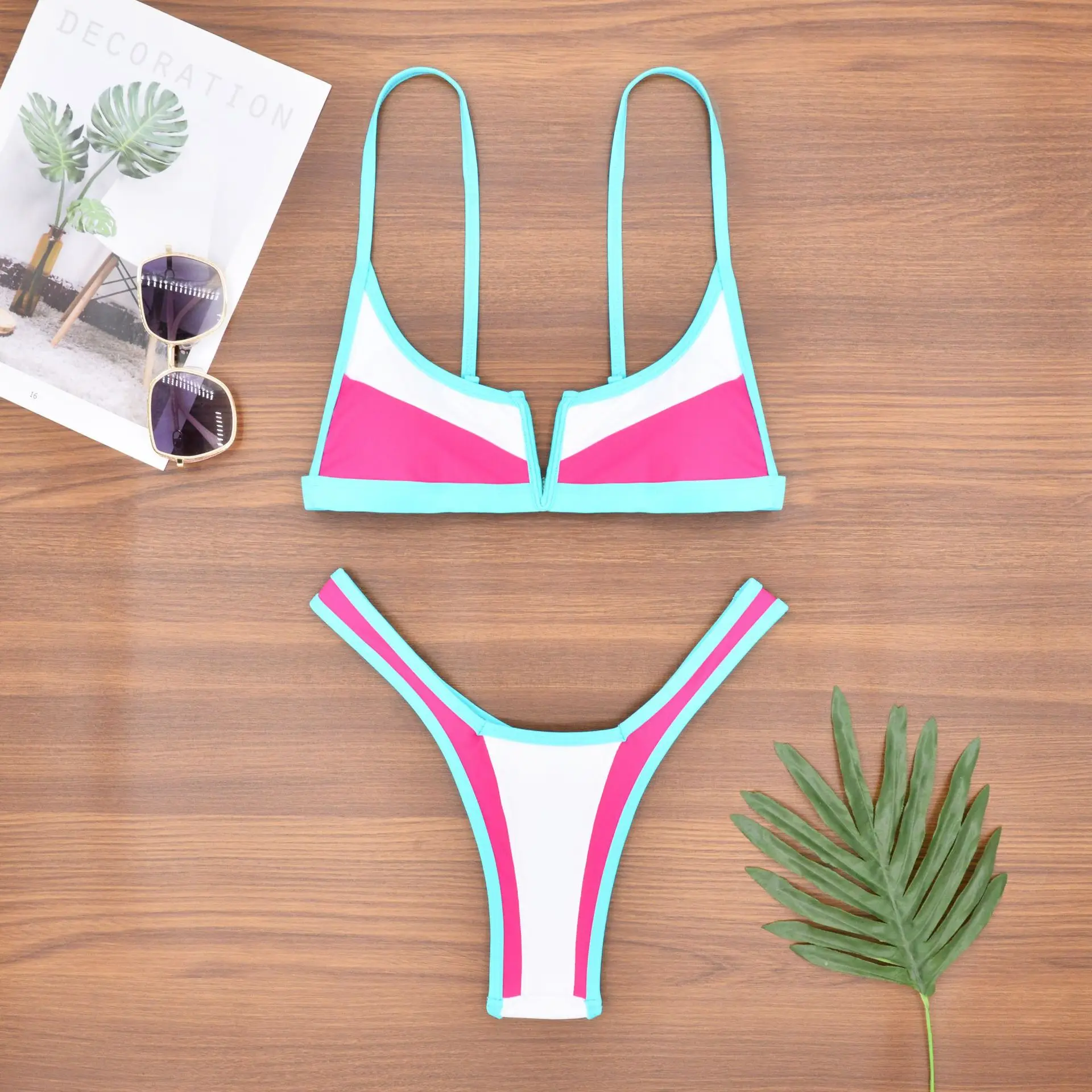 Sexy V-Neck Push Up Swimsuit for Women, Color Patchwork Print, Cut Out Beachwear, Summer Bathing Suit, Chic Swimwear, 2025