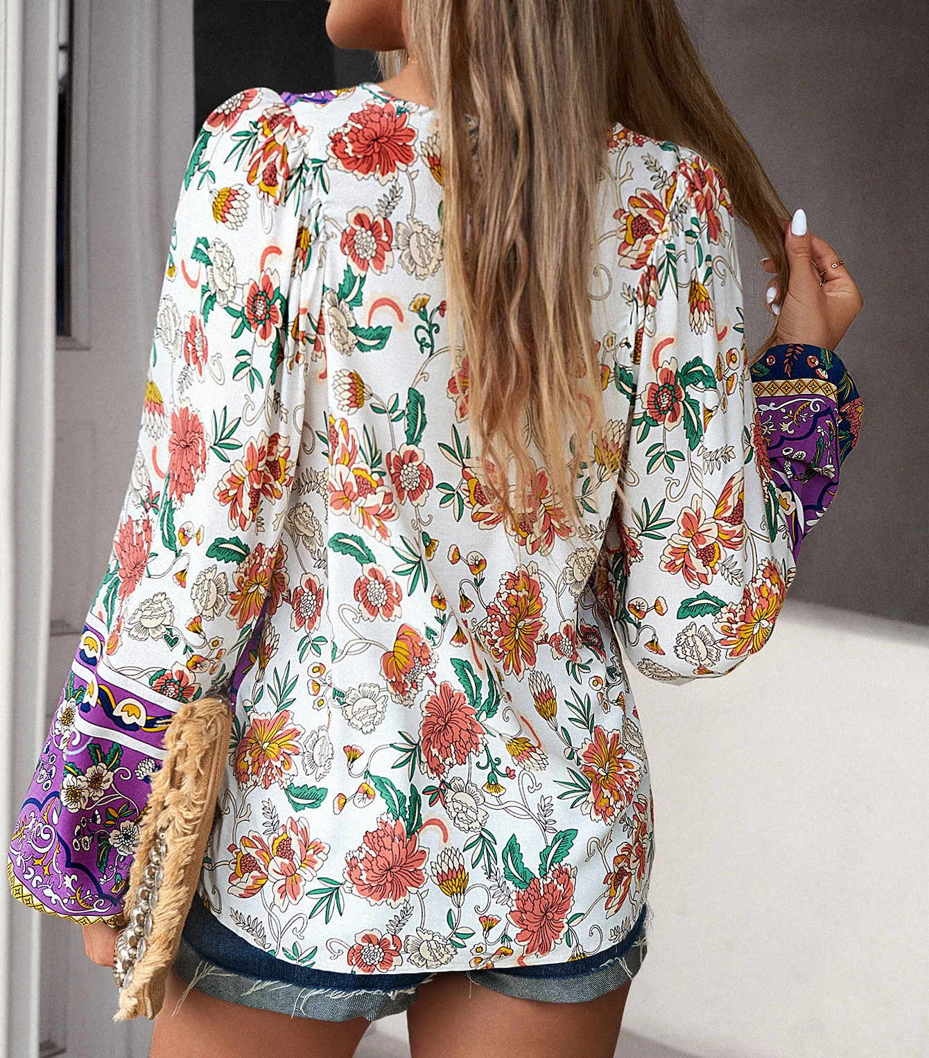 TEELYNN Cotton Rayon Floral Printed Blouses Shirts for Women Tops Long Sleeve V Neck Beach Boho Loose Blouse Summer 2023 Blusa