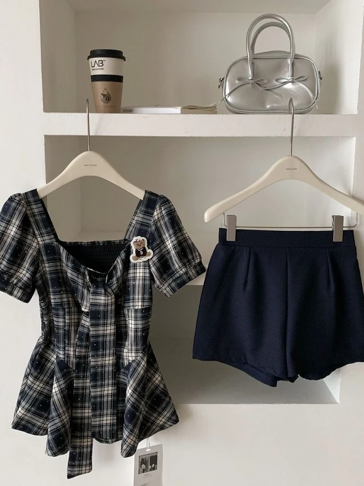 Korean Style Retro 2 Piece Set Women Slim Fit Plaid Puff Sleeve Top + Shorts Summer Vintage Casual Preppy Style Chic Outfits
