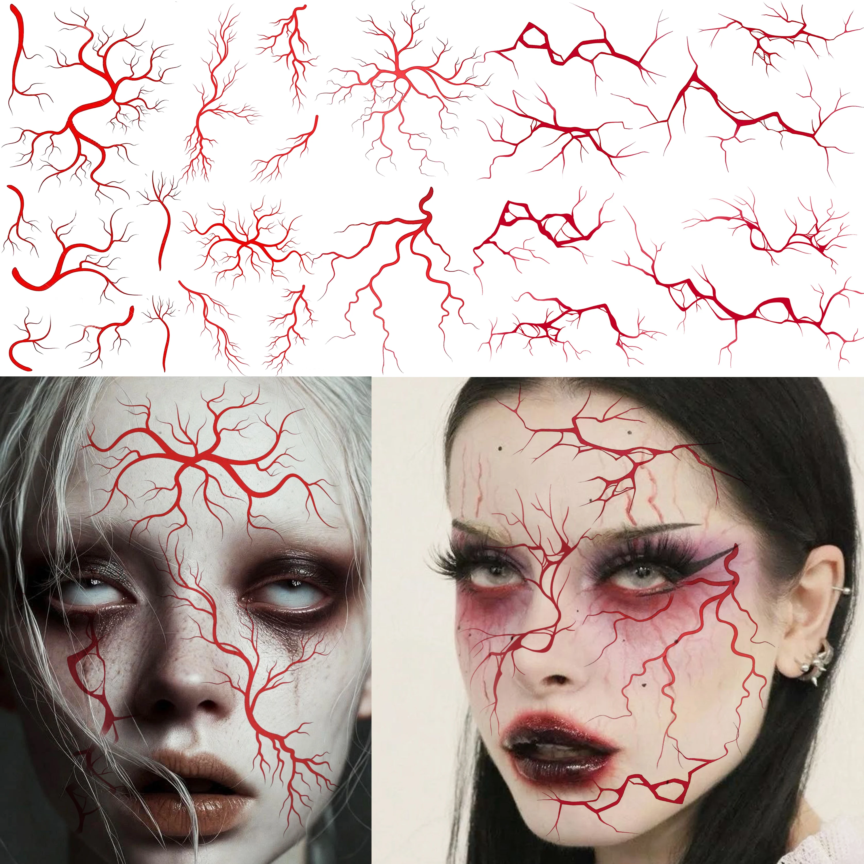 7 Sheets Halloween Realistic  Lightning Bolt Crack Blood Vessel Spider Butterfly Temporary Tattoo, Waterproof Fake Tatoo Sticker