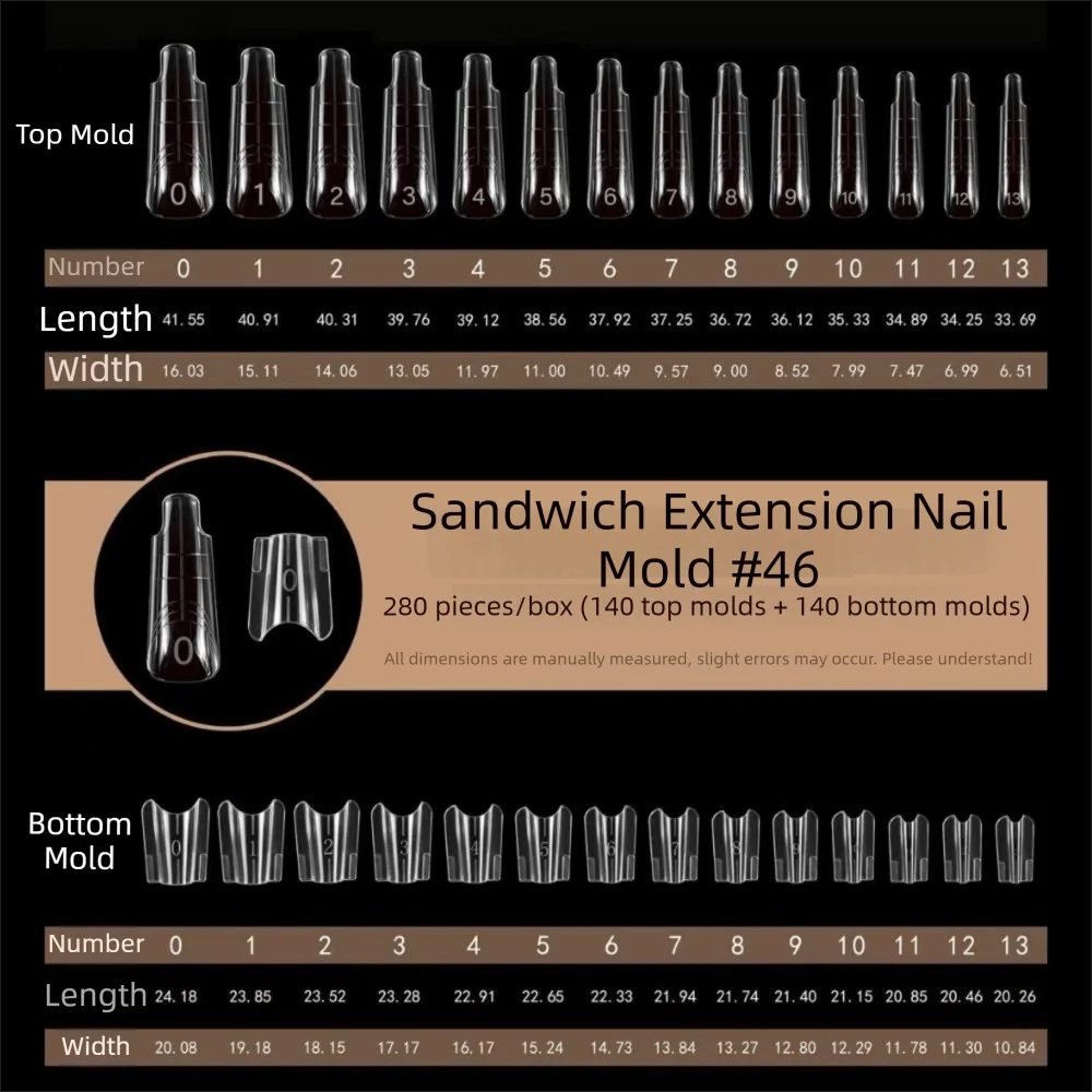 

140/280pcs 14 Sizes Sandwich Dual Nail Forms Reusable Square Oval Nail Extension Forms Plastic Transparent Coffin Nail Molds